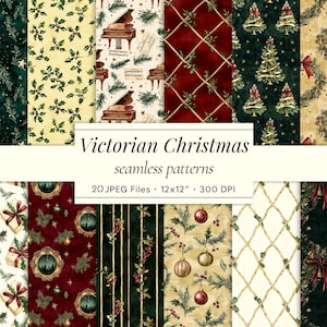 Viktorianische Weihnachten Aquarell Muster | Nahtlose Feiertagshintergründe - Damast, Bäume, Geschenke, Glocken, Ornamente, kommerzielle Nutzung