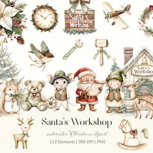 May include: A watercolour illustration of Christmas-themed elements, including Santa Claus, elves, and woodland creatures. The image features a clock, airplane, wreath, and a sign that reads 'Santa's Workshop'. The style is vintage and festive.