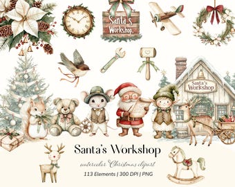 Santa's Workshop Watercolor Clipart: Vintage Christmas Elves (PNG)