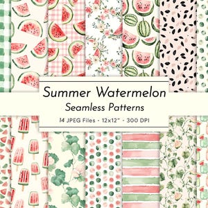 Süße Sommer Wassermelone - Aquarell Muster | Pastell Obst Picknick Digitales Papier | Karo, Punkte, Streifen, Wassermelonen