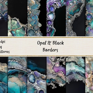 May include: 22 digital paper patterns featuring abstract opal and black borders. The patterns are in shades of blue, green, purple, and gold. The patterns are 300 dpi and in jpeg format.