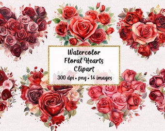 Watercolor Red Roses Hearts Clipart