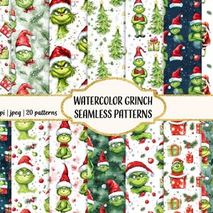 Watercolor Christmas Grinch, Printable Scrapbook Paper, Seamless Patterns, Commercial use