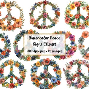 Clipart floral signes de la paix aquarelle, usage commercial