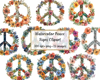 Watercolor Floral Peace Signs Clipart, Commercial use
