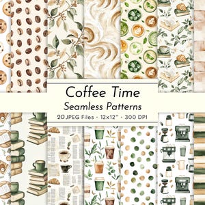 La hora del café: patrones sin costuras en acuarela con tazas de café, libros, hojas y un ambiente acogedor de cafetería. Diario, scrapbooking y papel digital.