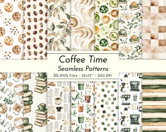 May include: A set of 20 digital seamless patterns featuring coffee, books, and other coffee-themed designs. The patterns are in a watercolor style and feature a variety of colors, including brown, green, and white. The patterns are perfect for use in scrapbooking, card making, and other craft projects.