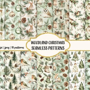 Puede incluir: Un conjunto de 18 patrones sin costuras de Navidad en el bosque con búhos, ciervos, conejos, piñas y otros elementos invernales. Los patrones son de estilo acuarela y son perfectos para crear manualidades festivas, papel de regalo y otros proyectos.