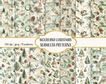 May include: A set of 18 woodland Christmas seamless patterns featuring owls, deer, bunnies, pine cones, and other wintery elements. The patterns are in a watercolour style and are perfect for creating festive crafts, wrapping paper, and other projects.