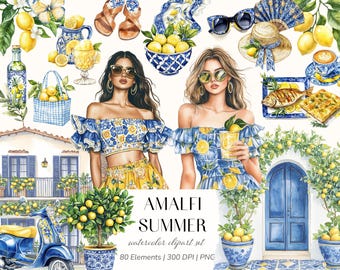 Amalfi Summer Watercolor Clipart Set – Lemon & Majolica Elements, Mediterranean Illustrations