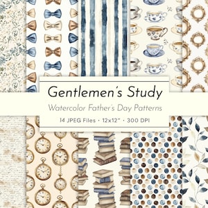 Motivi acquerellati per studio da gentiluomini - Carta digitale per la festa del papà, texture senza soluzione di continuità per uomini vintage, sfondi maschili