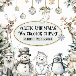 Puede incluir: Conjunto de clipart de acuarela con un tema de país de las maravillas de invierno con un reno blanco, un muñeco de nieve, un oso polar, un pingüino, un zorro y Papá Noel. El conjunto también incluye varios elementos de invierno como copos de nieve, poinsettias y adornos.