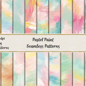 May include: 18 pastel coloured seamless patterns in a digital download. The patterns feature abstract brushstrokes in shades of pink, blue, yellow, and green.
