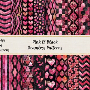 Watercolor Pink and Black Seamless Patterns, Valentine&#39;s Day Digital Papers, Printable Scrapbook Paper, Commercial use