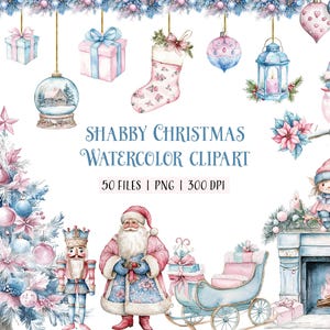 Clipart de Natal Shabby Chic – PNGs em aquarela – Papai Noel, Árvore, Lareira, Quebra-Nozes – Natal Grandmillennial em tons pastel, uso comercial