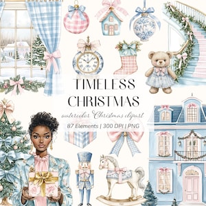 May include: A collection of watercolour Christmas clipart in pastel shades. The image includes a Christmas tree, baubles, a teddy bear, and a staircase. The text "TIMELSS CHRISTMAS" is displayed. The image also features a woman holding a gift.