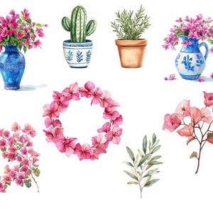 May include: Watercolor illustration of various floral arrangements and potted plants. Includes a blue vase with pink flowers, a cactus in a patterned pot, a rosemary plant in a terracotta pot, and a wreath of pink flowers.