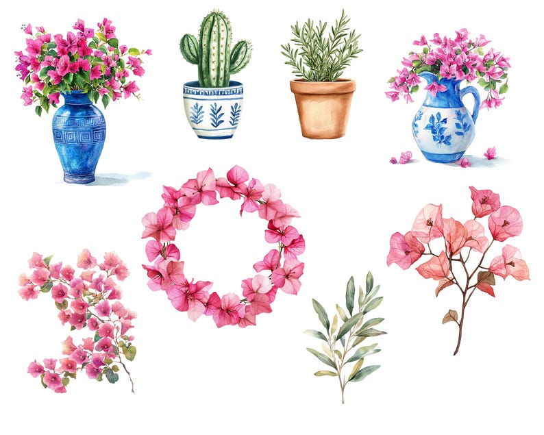 May include: Watercolor illustration of various floral arrangements and potted plants. Includes a blue vase with pink flowers, a cactus in a patterned pot, a rosemary plant in a terracotta pot, and a wreath of pink flowers.