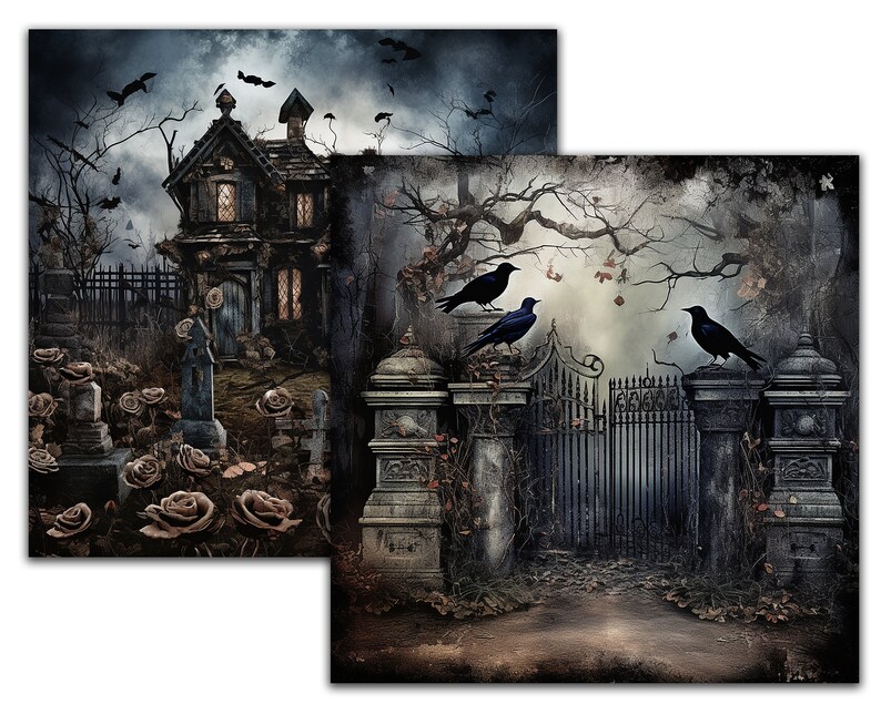 Haunted Gate Roses Haunted Houses Digital Papers, Printable Scrapbook Paper, Halloween ...