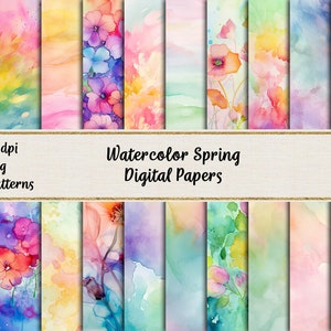 Watercolor Spring Backgrounds, Spring Flowers, Pastel Colors, Printable Scrapbook Paper, Digital Papers, Commercial use
