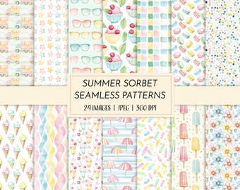 Watercolor Summer Seamless Patterns: Ice Cream, Beach (Digital Download)