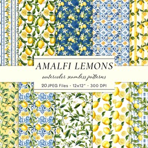 Peut inclure: Plusieurs motifs sans couture à l'aquarelle avec des citrons. Les motifs comprennent des rayures, des motifs floraux et des motifs de carreaux en jaune, bleu et blanc. Le texte "AMALFI LEMONS" est affiché, avec les détails des fichiers.