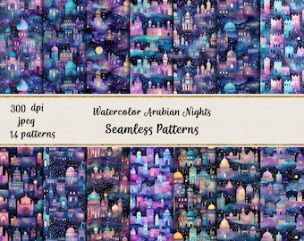 Watercolor Arabian Nights Seamless Patterns Digital Papers
