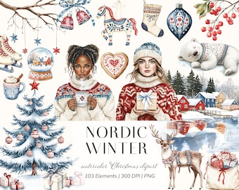 Nordic Christmas Clipart | Watercolor Winter Holiday Graphics (Digital Download)