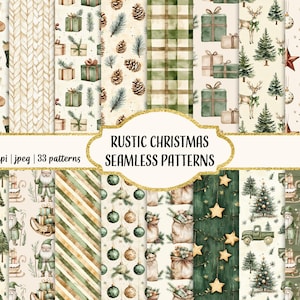 Acquerello Natale rustico, Natale beige e verde, carta per scrapbooking stampabile, motivi senza soluzione di continuità, uso commerciale