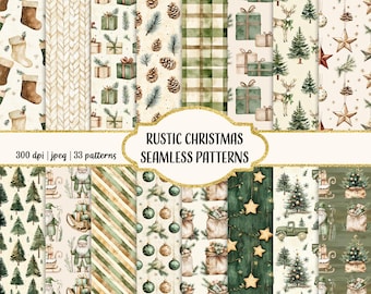 May include: A set of 33 digital seamless patterns featuring rustic Christmas themes. The patterns include images of pine cones, plaid, baubles, reindeer, Father Christmas, and Christmas trees. The patterns are in a variety of colours, including green, red, brown, and white.