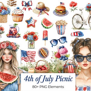 Aquarell 4. Juli Clipart - Vaterländisches Picknick-Set mit Mädchen, Blumen, Essen und festlichem Dekor - 80+ PNGs - Kommerzielle Nutzung