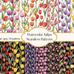 Aquarell Tulpen Musterdesign - Frühling Blumen Digital Papiere - Pastell Blumen für Stoff, Scrapbooking, Verpackung, kommerzielle Nutzung
