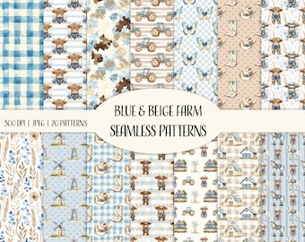 Watercolor Farm Seamless Patterns: Blue Highland Cows (Digital Papers)
