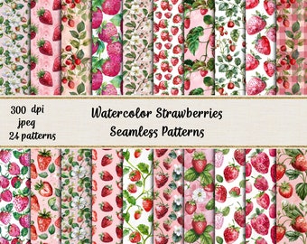 Watercolor Strawberries Seamless Patterns