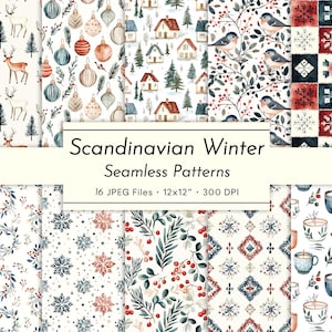 Könnte beinhalten: Ein Set mit 16 digitalen nahtlosen Mustern mit skandinavischen Wintermotiven. Die Muster beinhalten Illustrationen von Häusern, Schneeflocken, Vögeln, Ornamenten und Kerzen. Die Muster sind auf weißem Hintergrund mit blauen, roten und grünen Akzenten.