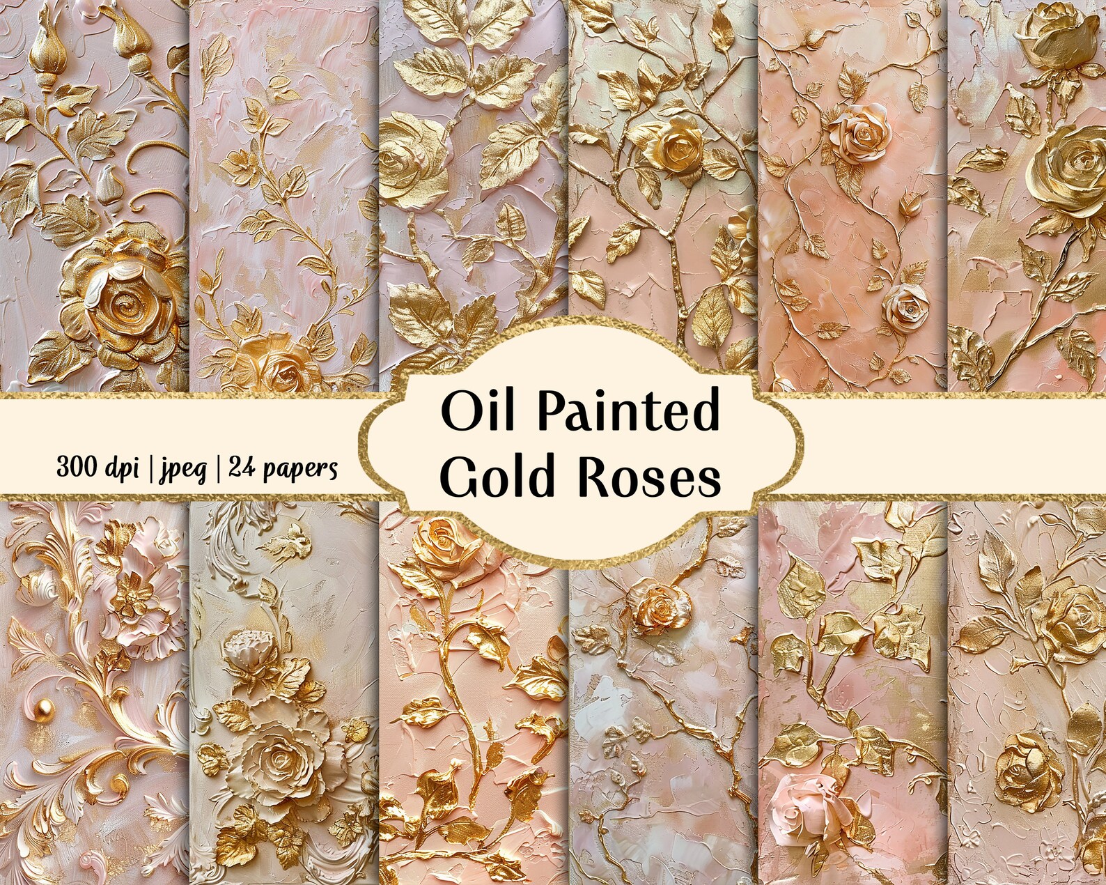 Gold Roses Oil Painting Digital Papers, Gold and Pink Backgrounds ...
