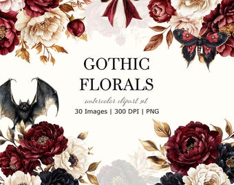 Clipart de acuarela de Halloween gótico: Conjunto de PNG florales oscuros (30 elementos) (Descarga digital)