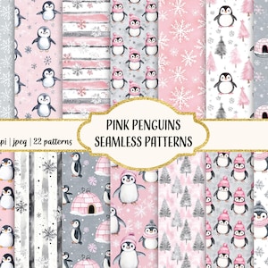 Patrones de pingüinos en acuarela, pingüinos rosados y grises, papel para álbum de recortes imprimible, patrones sin costuras de invierno, uso comercial