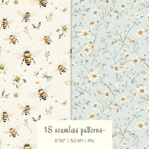 Puede incluir: Se muestran dos patrones sin costuras. Uno presenta abejas, margaritas y hojas de acuarela sobre un fondo crema. El otro muestra flores blancas y ramas sobre un fondo azul claro. Tambi&eacute;n es visible el texto "18 patrones sin costuras".