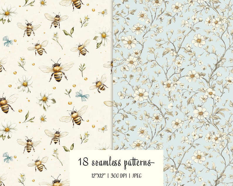 Puede incluir: Se muestran dos patrones sin costuras. Uno presenta abejas, margaritas y hojas de acuarela sobre un fondo crema. El otro muestra flores blancas y ramas sobre un fondo azul claro. Tambi&eacute;n es visible el texto "18 patrones sin costuras".