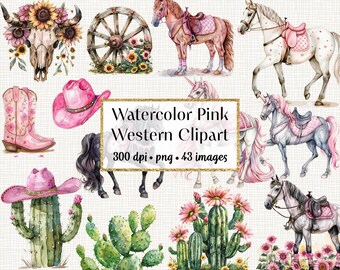 Watercolor Pink Western Clipart, Printable Cowgirl Clipart, Commercial use, Instant download