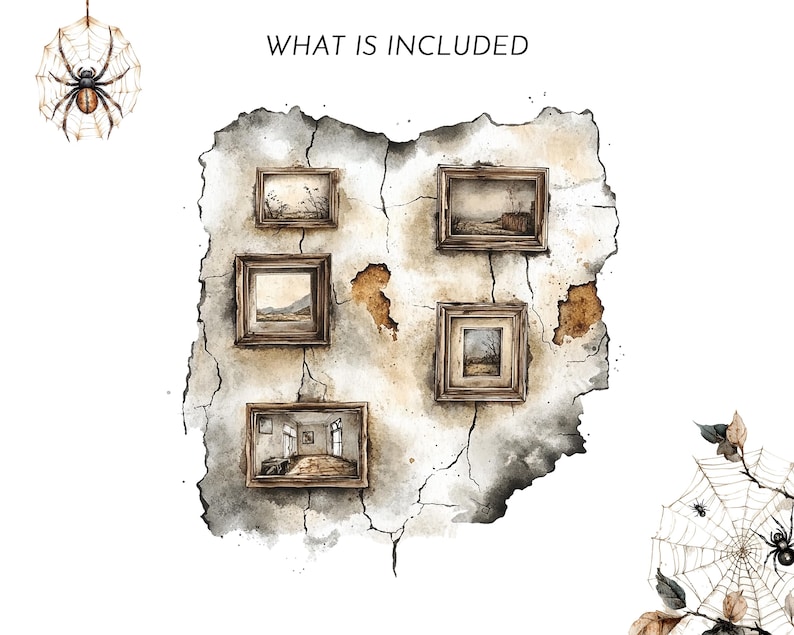 May include: Watercolor illustration featuring a distressed wall with five framed landscape paintings. The artwork includes spiderwebs and spiders, with the text "WHAT IS INCLUDED" at the top. The color palette is muted, with browns, grays, and whites.