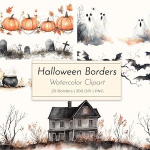 May include: Watercolor clipart featuring Halloween borders. The image includes pumpkins, ghosts, bats, tombstones, a cauldron, and a haunted house. The text on the image reads "Halloween Borders Watercolor Clipart 20 Borders | 300 DPI | PNG".