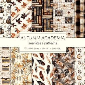 May include: A collection of 15 seamless patterns with an autumn academia theme. The patterns feature pumpkins, leaves, books, envelopes, and clocks in shades of brown, beige, and cream. The text "AUTUMN ACADEMIA" is displayed.