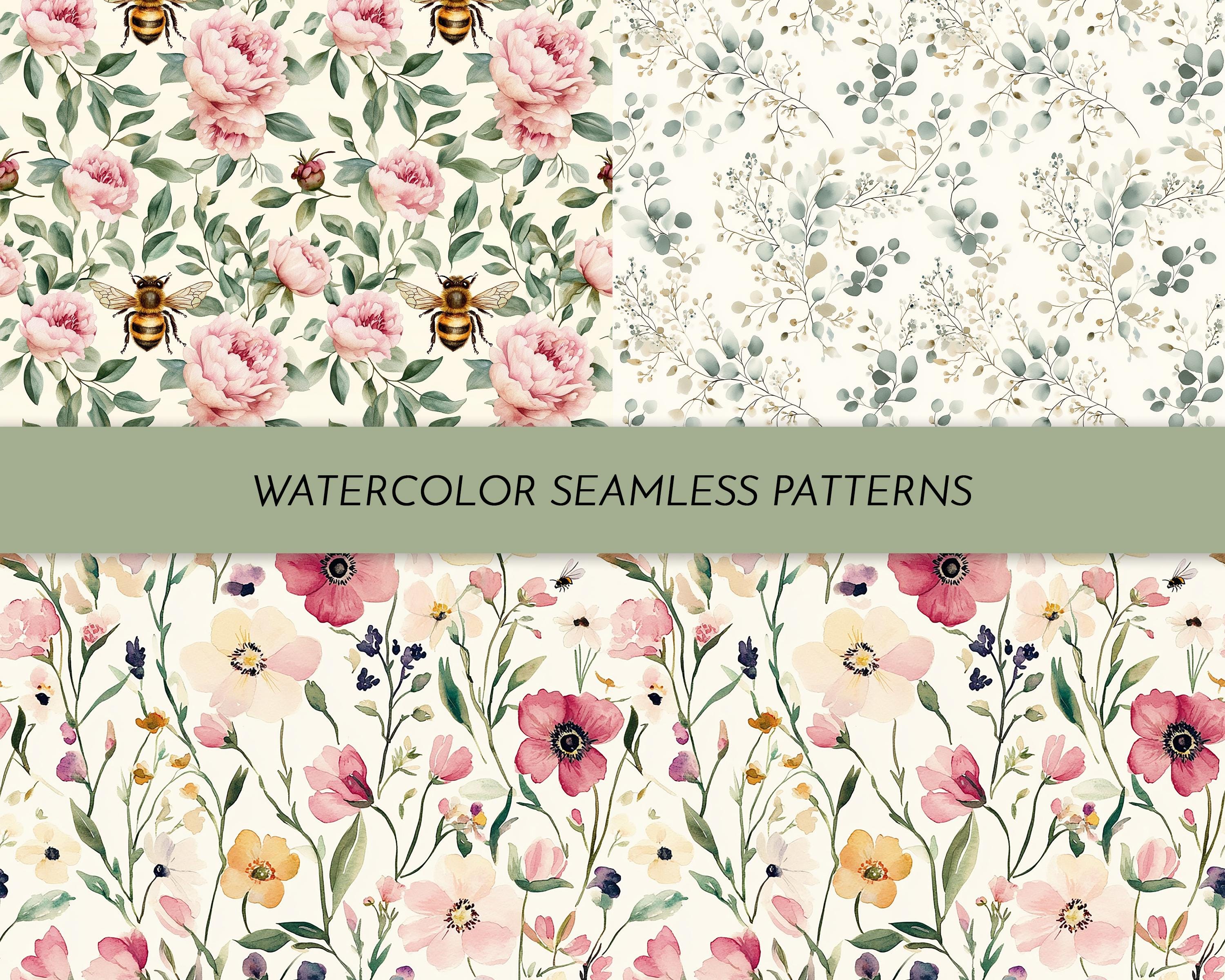 Watercolor Honey Bee Seamless Patterns: Spring Farmhouse Digital Paper ...