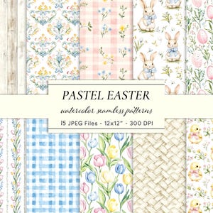 Puede incluir: Una colección de 15 patrones sin costuras de acuarela con un tema de Pascua pastel. Los diseños incluyen conejitos, huevos, arreglos florales, cuadros vichy y texturas de madera. Los patrones miden 30,5 x 30,5 cm a 300 DPI.