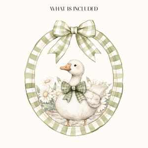 May include: Watercolor illustration of a white duck with a green plaid bow, surrounded by daisies in a woven basket. The duck is framed by a green and white gingham oval. Text at the top reads "WHAT IS INCLUDED".