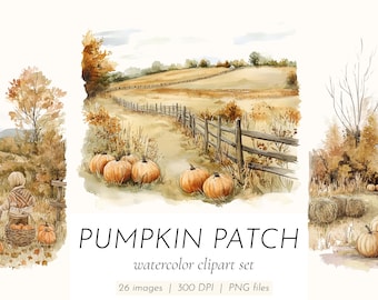 May include: Watercolor clipart set titled "PUMPKIN PATCH" featuring a rural autumn scene. The image shows a pumpkin patch with orange pumpkins, a wooden fence, and a field. The text indicates 26 images, 300 DPI, and PNG files.