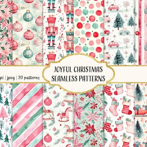 Op de afbeelding: Een set van 20 digitale naadloze patronen met aquarel illustraties van kerstthema's. De patronen omvatten ornamenten, notenkrakers, kerststerren, kerstbomen en meer. De patronen zijn in een roze en groene kleurstelling.
