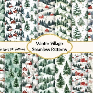 Motifs aquarelles sans couture de village d'hiver, papier de scrapbooking imprimable, papiers numériques à téléchargement immédiat, usage commercial